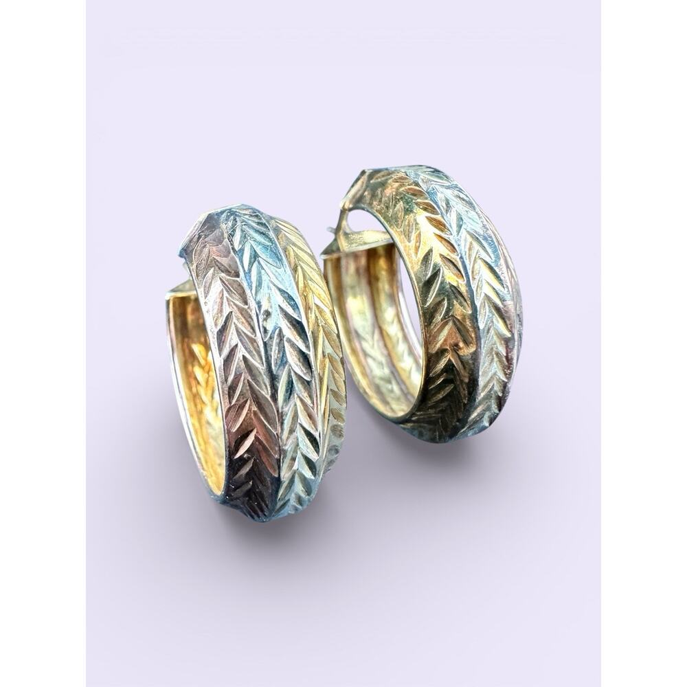 Sterling Silver Hoop Earrings 3-Tone Hoops Copper Gold Chevron Signed 925 1”
